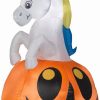 Inflatables * | Gemmy Airblown Unicorn W/Colorchanging Horn Out Of Pumpkin Scene (Rgb), 5 Ft Tall, Multicolored