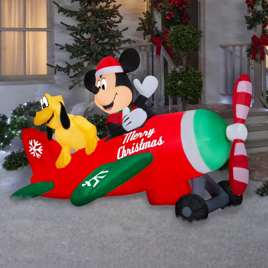 Inflatables * | Gemmy Animated Airblown Inflatable Mickey And Pluto Clubhouse Airplane Scene W/Leds Disney , 4.5 Ft Tall