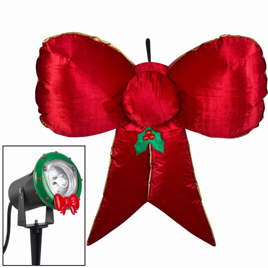 Inflatables * | Gemmy Christmas Airblown Inflatable Mixed Media Hanging Velvet Bow Red/Gold W/External Spotlight