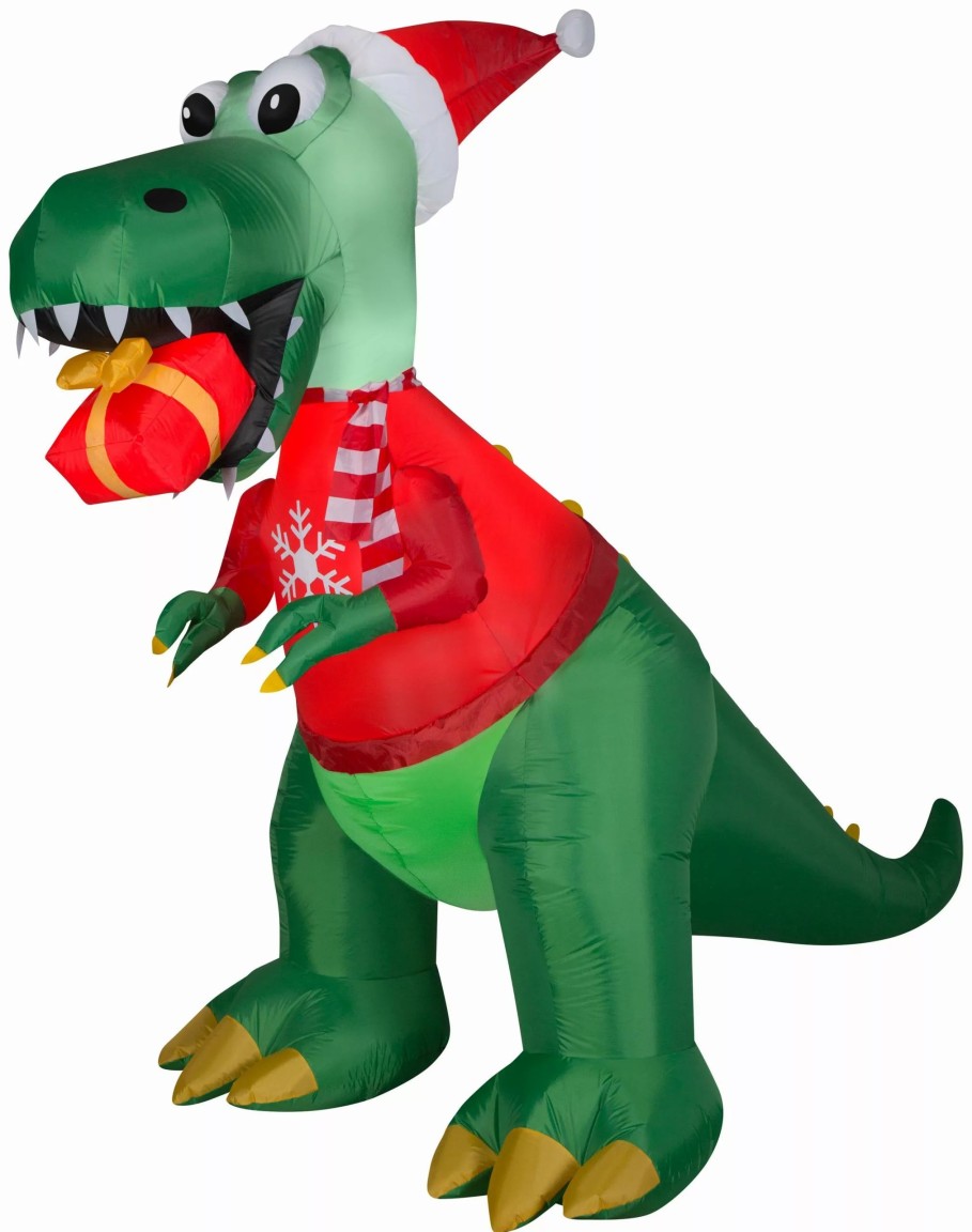 Inflatables * | Gemmy Christmas Airblown Inflatable T Rex W/Gift, 7.5 Ft Tall, Green