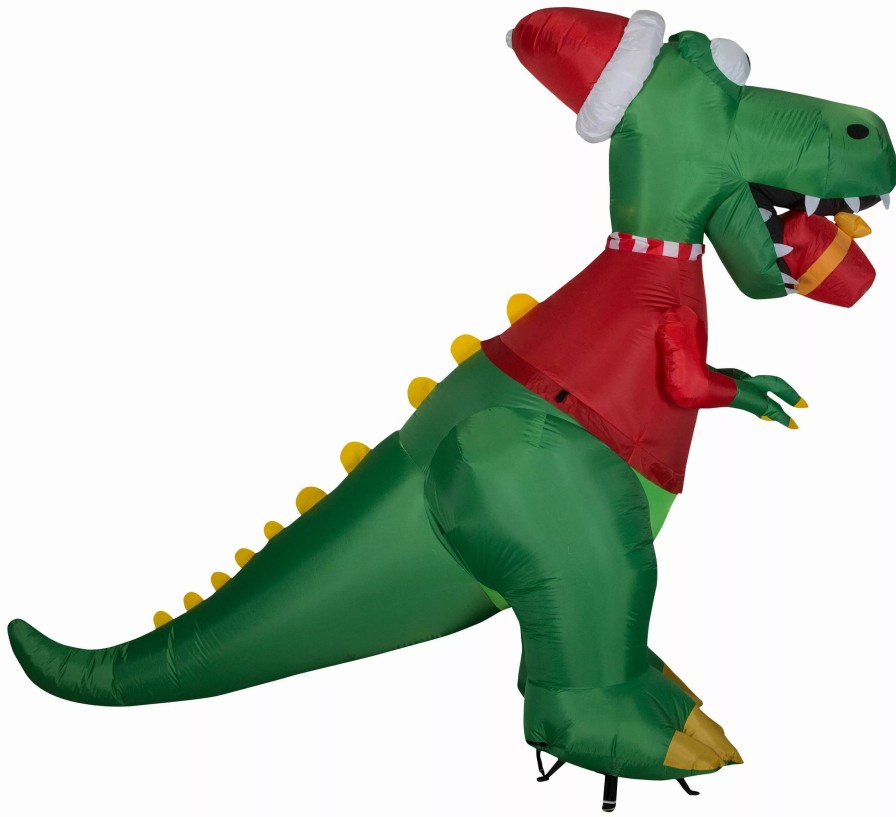 Inflatables * | Gemmy Christmas Airblown Inflatable T Rex W/Gift, 7.5 Ft Tall, Green