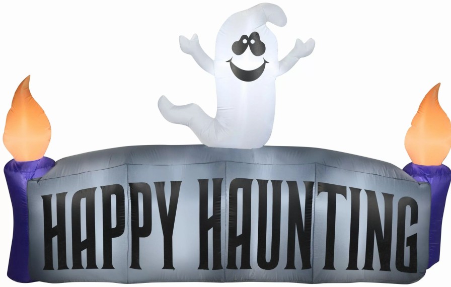 Inflatables * | Gemmy Christmas Airblown Inflatable Ghost W/Happy Haunting Sign Scene, 5 Ft Tall, Grey