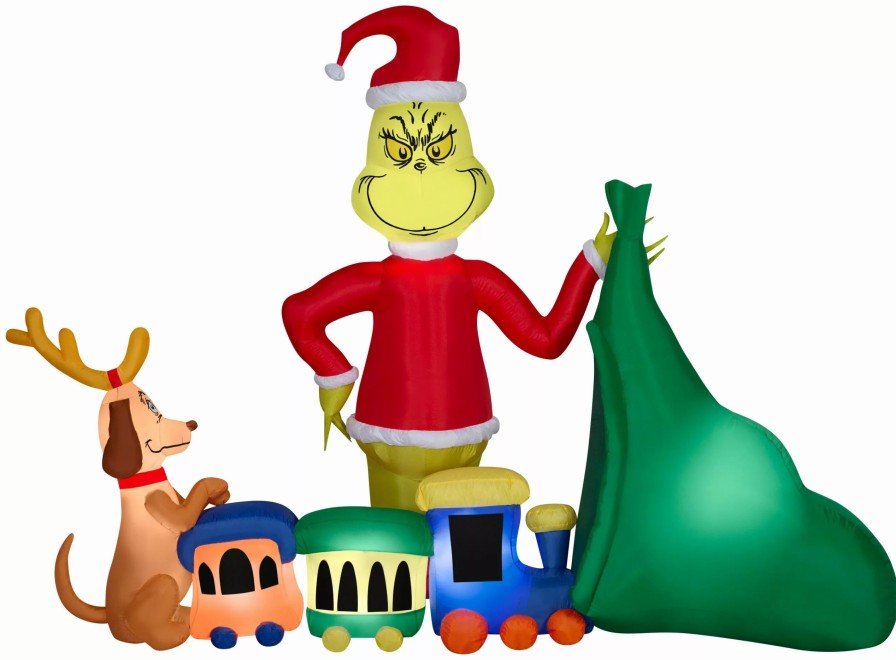 Inflatables * | Gemmy Christmas Airblown Inflatable Grinch Putting Train In Santa Sack Scene Dr. Seuss, 6.5 Ft Tall