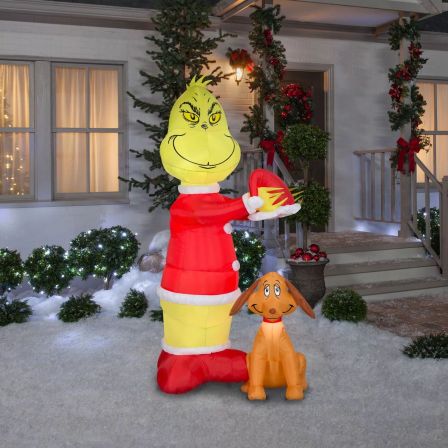 Inflatables * | Gemmy Animated Airblown Inflatable Grinch Putting Santa Hat On Max Scene Dr. Seuss, 6 Ft Tall