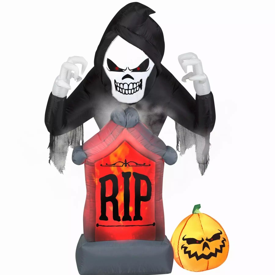 Inflatables * | 6 Animated Projection Airblown Fog Effect Fire & Ice-Shaking Reaper W/ Tombstone And Pumpkin Scene Halloween Inflatable