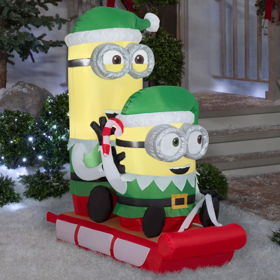 Inflatables * | Gemmy Christmas Airblown Inflatable Minions On Sled Scene Universal, 4.5 Ft Tall, Green