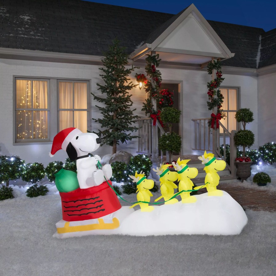 Inflatables * | Gemmy Christmas Airblown Inflatable Snoopy In Dog Bowl Sleigh W/Woodstocks Scene Peanuts, 5 Ft Tall