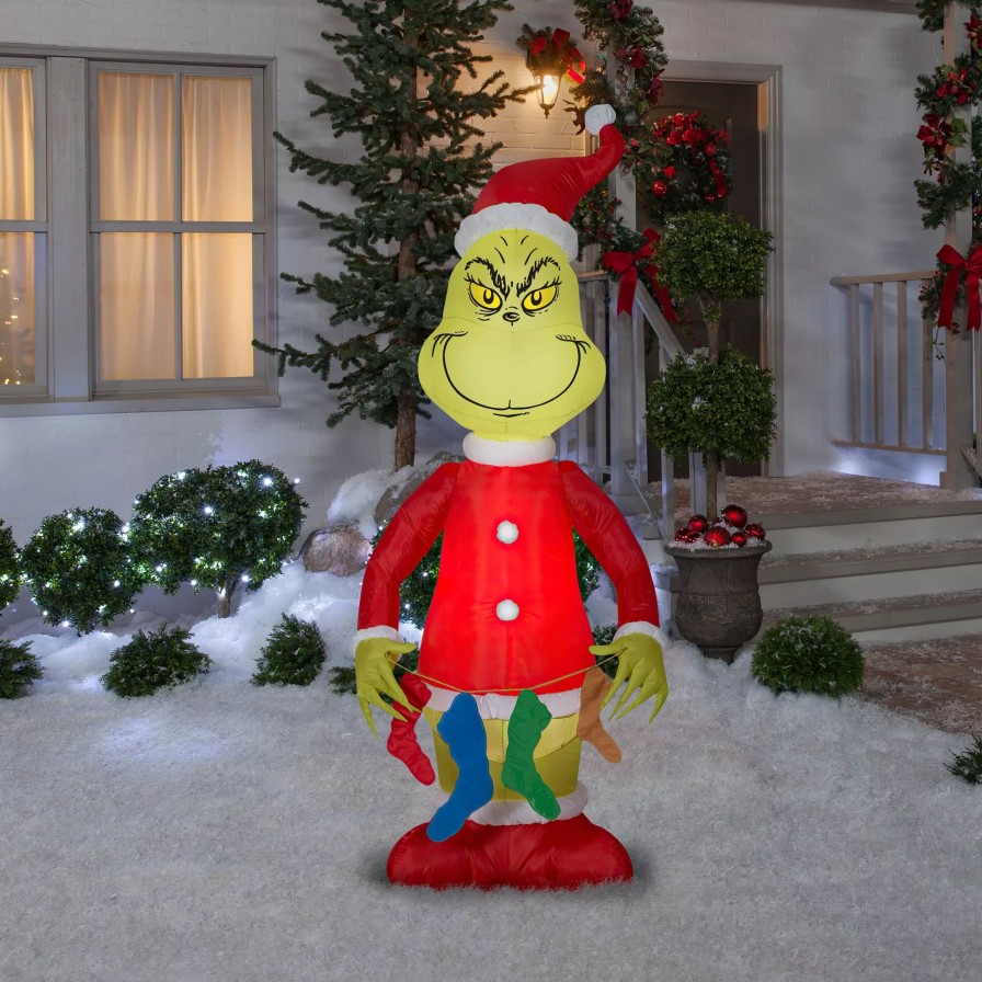 Inflatables * | Gemmy Christmas Airblown Inflatable Grinch Holding String Of Stockings, 6.5 Ft Tall, Red