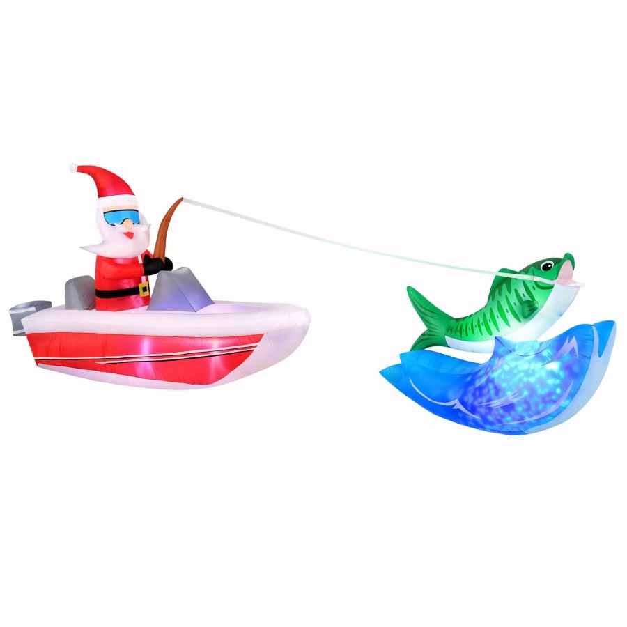 Inflatables * | Occasions 14 Inflatable Boat Fishing Santa With Swirling Lights Inner, 4 Ft Tall, Multicolored