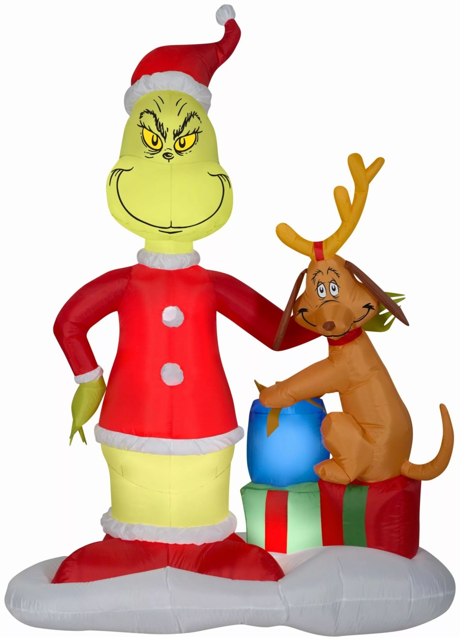 Inflatables * | Gemmy Christmas Airblown Inflatable Grinch And Max W/Presents Scene Dr. Seuss , 6 Ft Tall, Multi