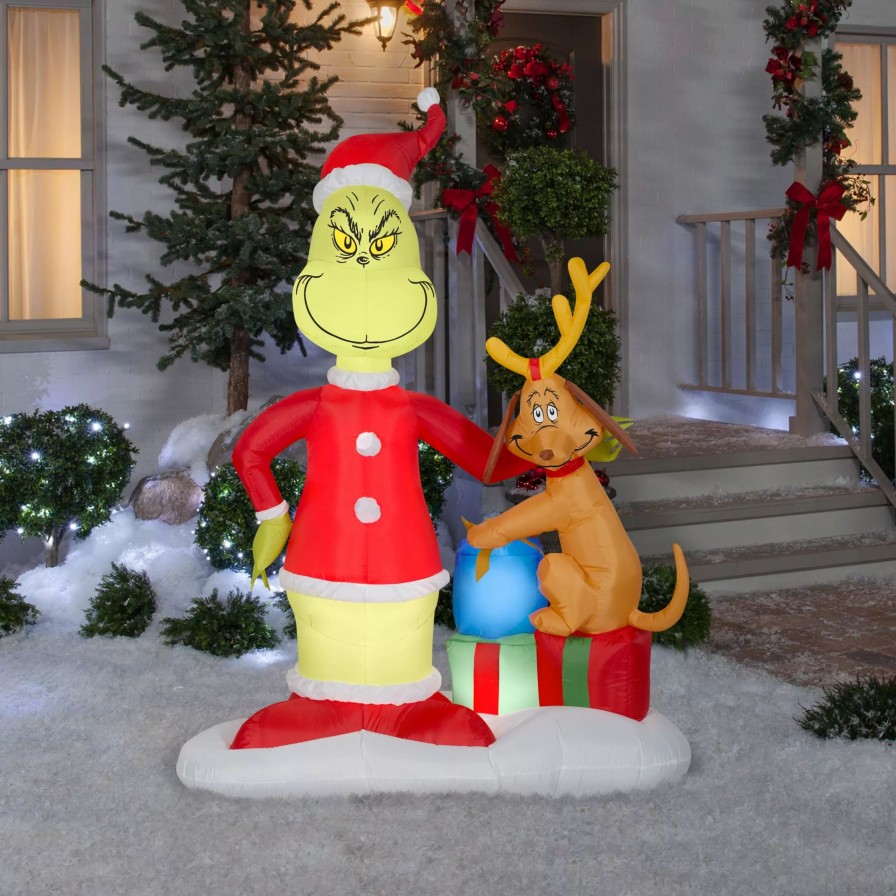 Inflatables * | Gemmy Christmas Airblown Inflatable Grinch And Max W/Presents Scene Dr. Seuss , 6 Ft Tall, Multi