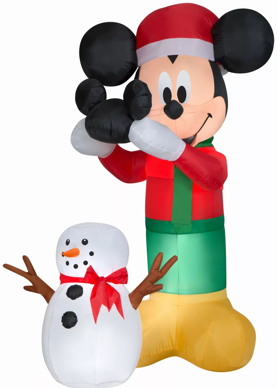 Inflatables * | Gemmy Animated Airblown Inflatable Mickey Putting Hat On Snowman Scene Disney, 6 Ft Tall