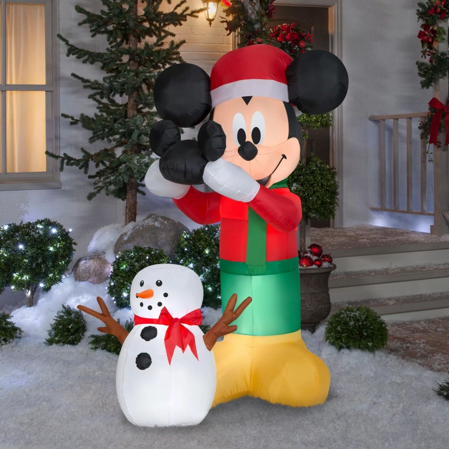 Inflatables * | Gemmy Animated Airblown Inflatable Mickey Putting Hat On Snowman Scene Disney, 6 Ft Tall