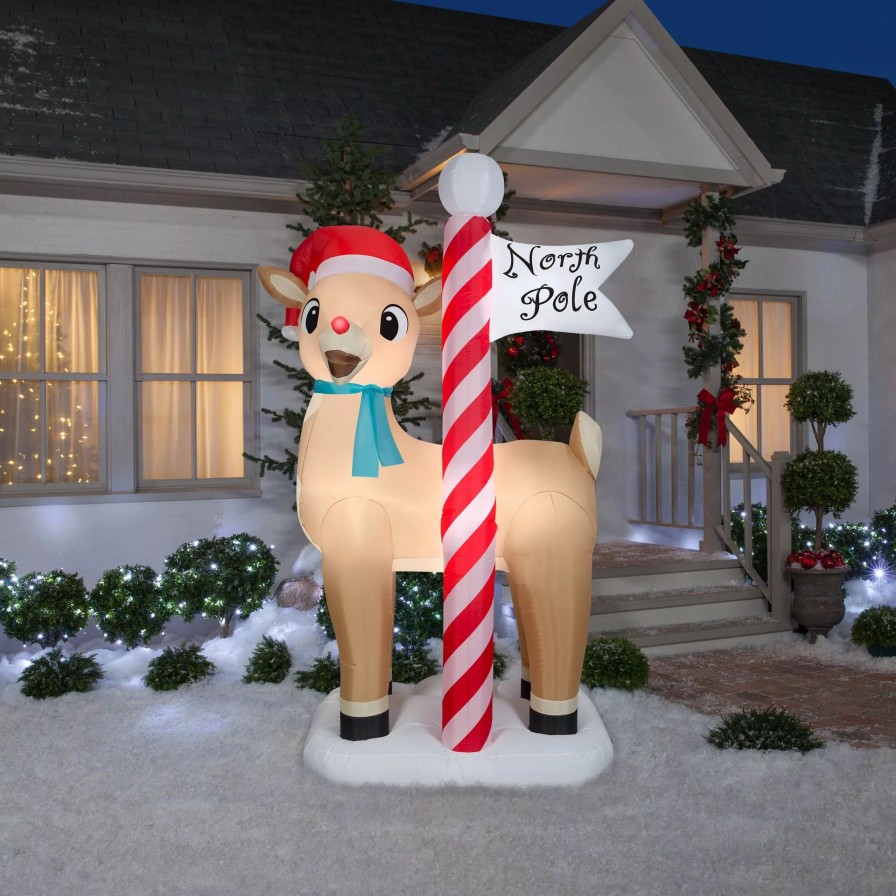 Inflatables * | Gemmy Airblown Inflatable Rudolph The Red Nosed Reindeer With North Pole Sign, 7.5 Ft Tall