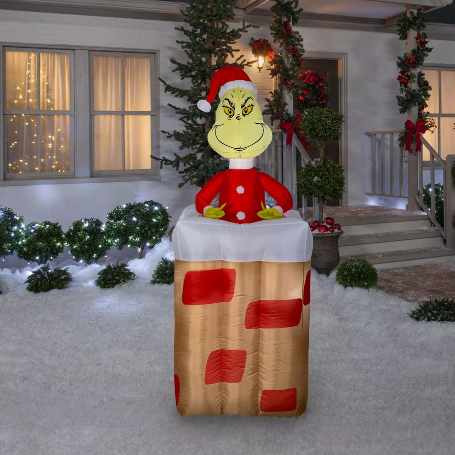 Inflatables * | 5.5 Animated Airblown Grinch Popping Out Of Chimney Grinch Christmas Inflatable